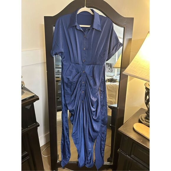 NEW Satin Button Down Belted Elegant Ruched Maxi Dress S - Picture 6 of 7